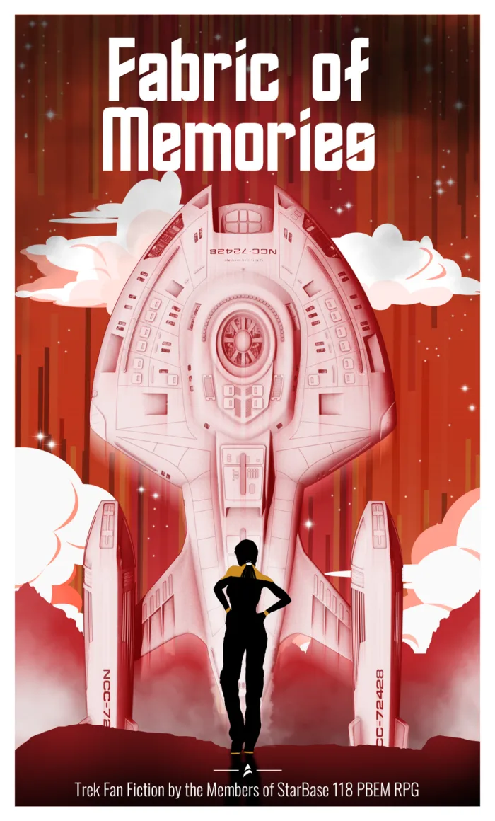 Fabric of Memories cover — an officer in gold stands before a towering red starship