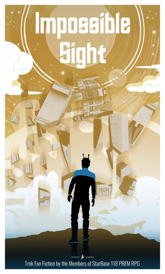 Impossible Sight cover — an Andorian officer in blue faces a golden sky of tumbling debris