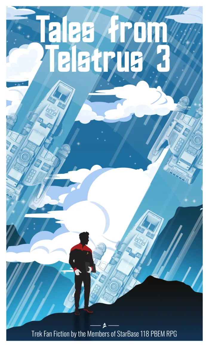 Tales from Telstrus 3 cover — an officer in red looks out over a blue cloudscape of falling structures