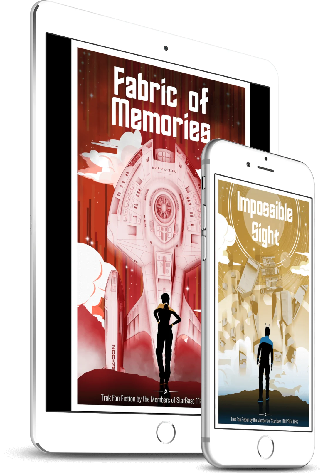 A tablet showing the Fabric of Memories cover beside a phone showing the Impossible Sight cover